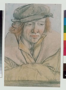 帽子をかぶった若い男性の肖像画（チョーク、紙の上のウォッシュとボディカラー） 作： Leonhard Beck